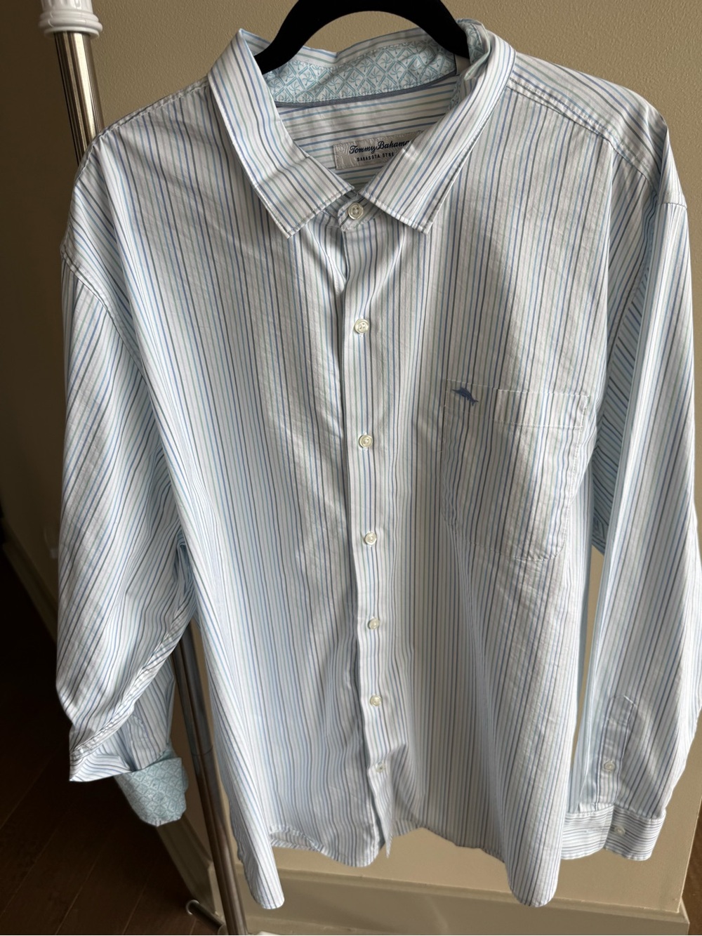 Tommy Bahama Light Blue and White Striped Button-Down Shirt